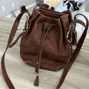 Brown Fount Leather Drawstring Bucket Bag